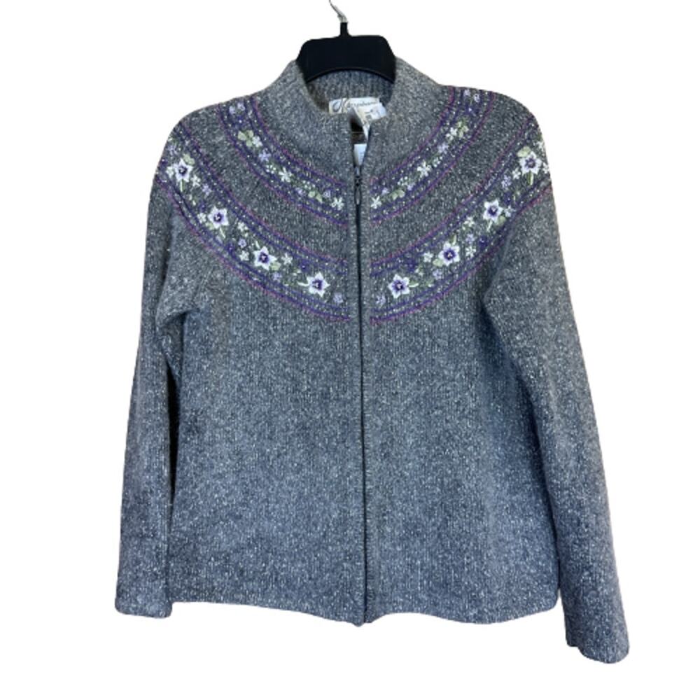 Dressbarn Grey Embroidered Silk Angora Blend Full Zip‎ Sweater Jacket Size Small